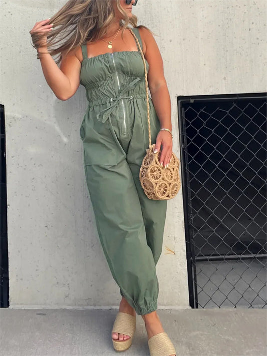 2024 Ruched Elastic Front Zipper Jumpsuit (Buy 2 Free Shipping)