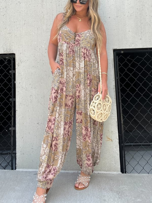 Patchwork Print Loose Jumpsuit (Buy 2 Free Shipping)