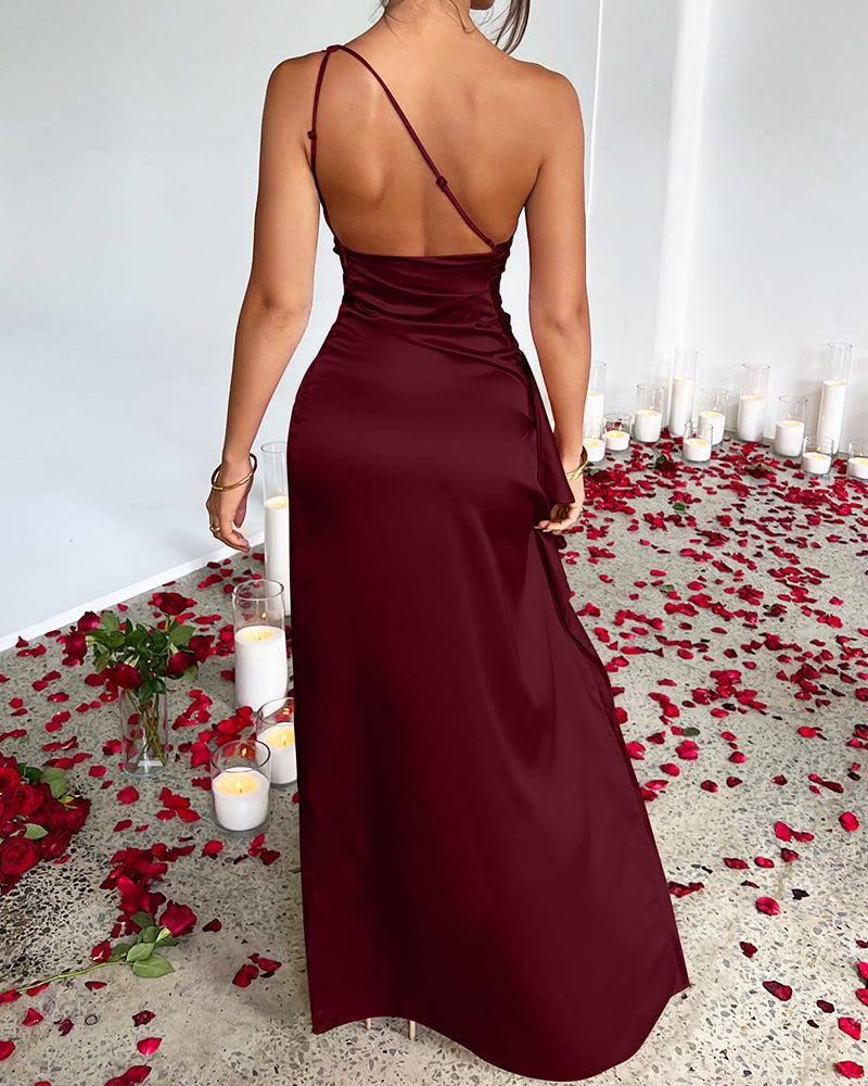 Lissher Sexy One Shoulder Satin High Split Maxi Formal Dress