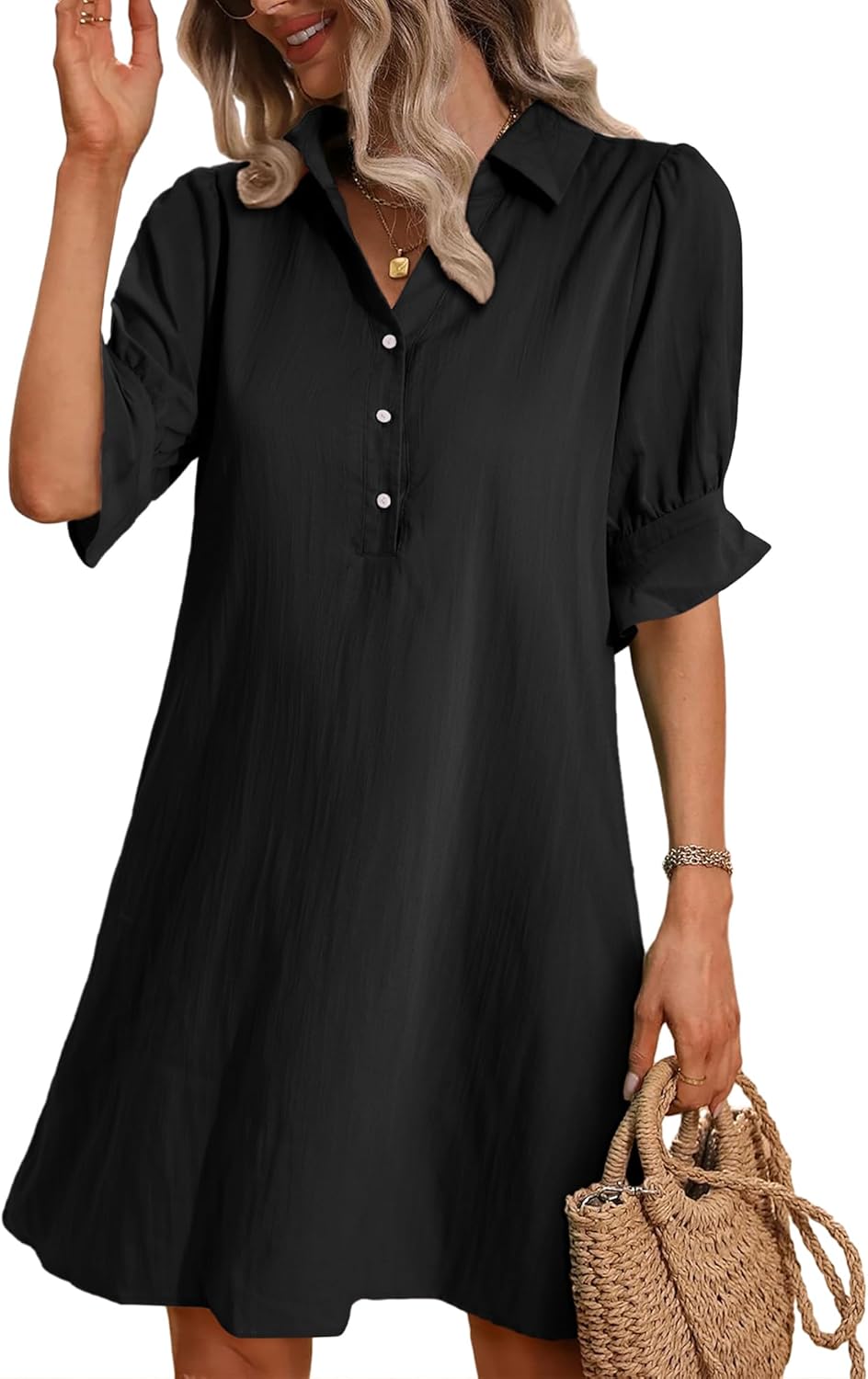 ✨Hot Sale-Womens Casual Shirt Dress Ruffle Sleeve Solid Color Button Down(Buy 2 Free Shipping)