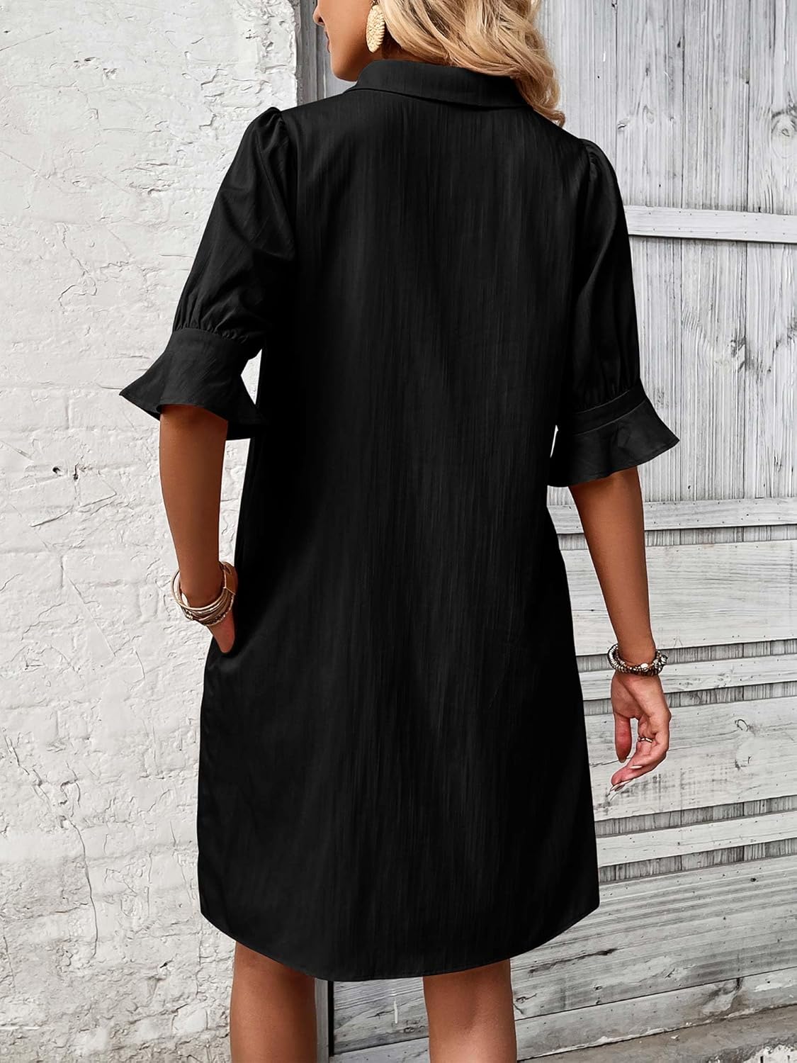 ✨Hot Sale-Womens Casual Shirt Dress Ruffle Sleeve Solid Color Button Down(Buy 2 Free Shipping)