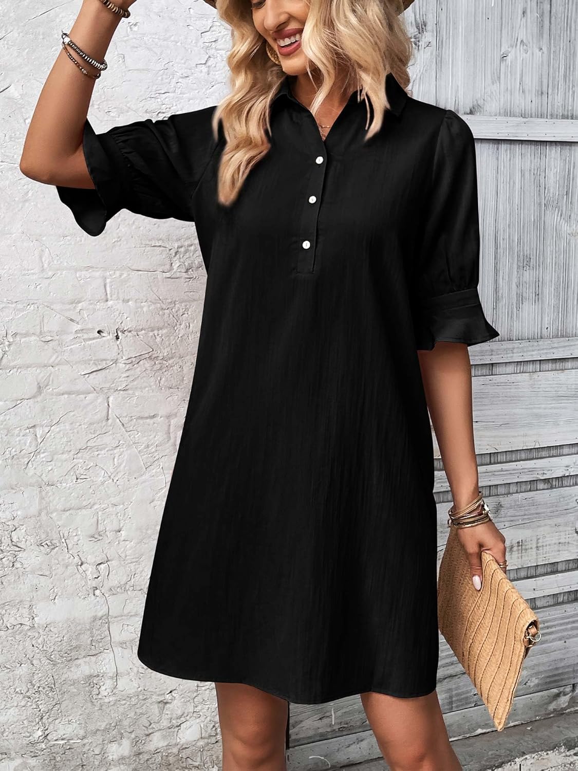 ✨Hot Sale-Womens Casual Shirt Dress Ruffle Sleeve Solid Color Button Down(Buy 2 Free Shipping)