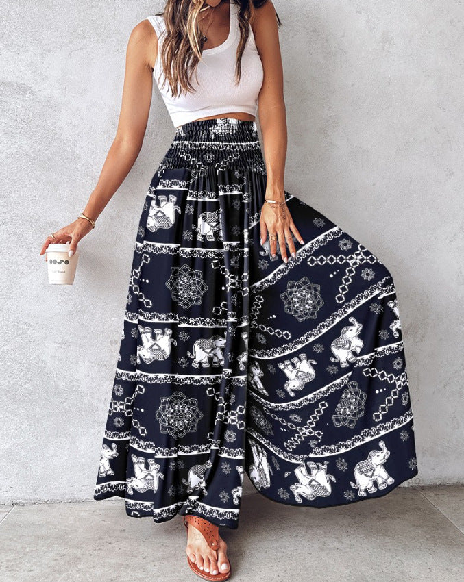Floral Print High Waist Shirred Wide Leg Pants