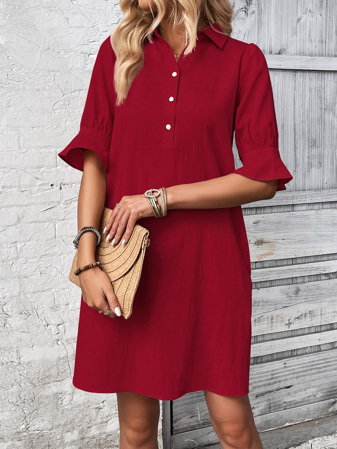 ✨Hot Sale-Womens Casual Shirt Dress Ruffle Sleeve Solid Color Button Down(Buy 2 Free Shipping)