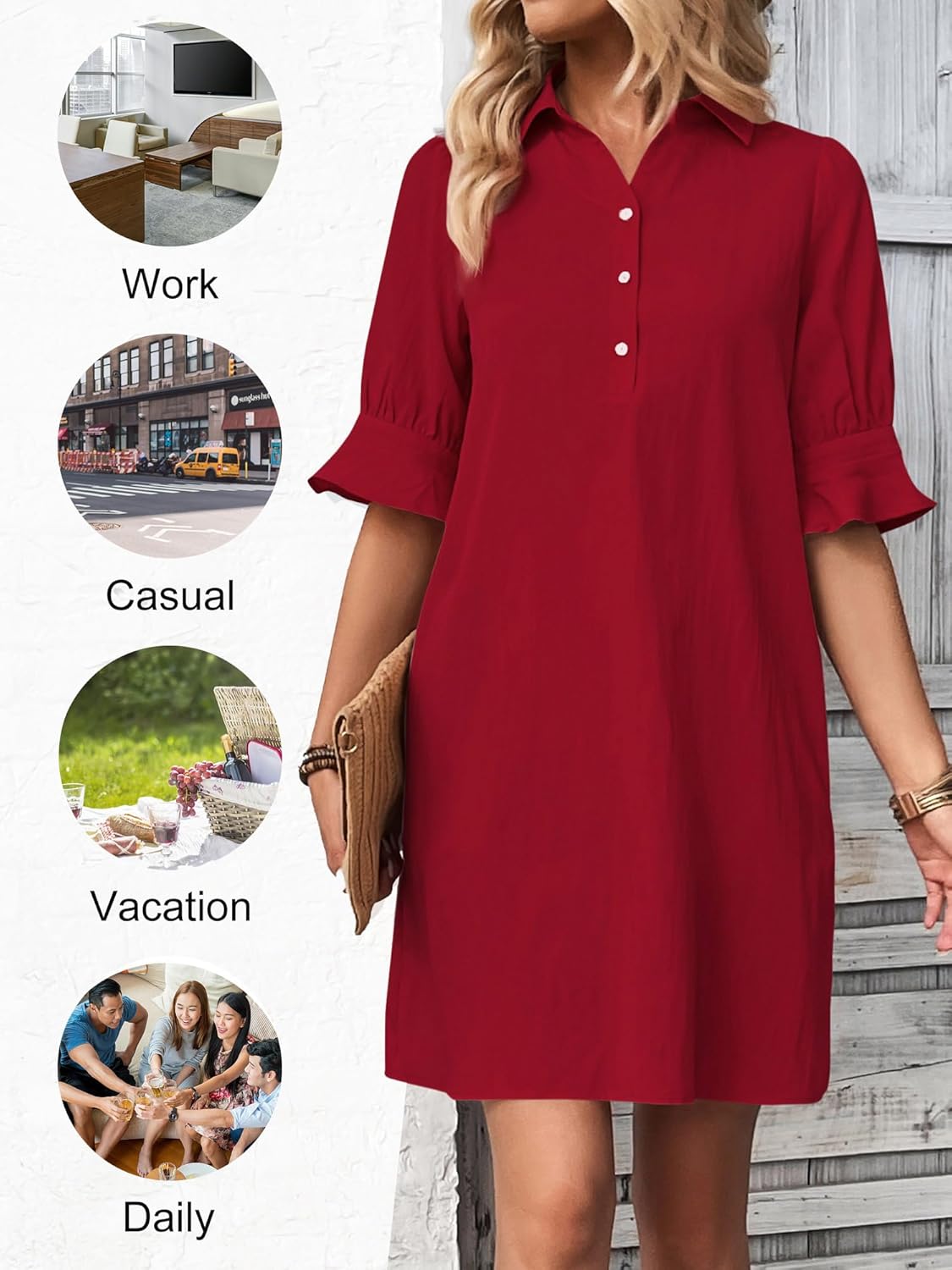 ✨Hot Sale-Womens Casual Shirt Dress Ruffle Sleeve Solid Color Button Down(Buy 2 Free Shipping)