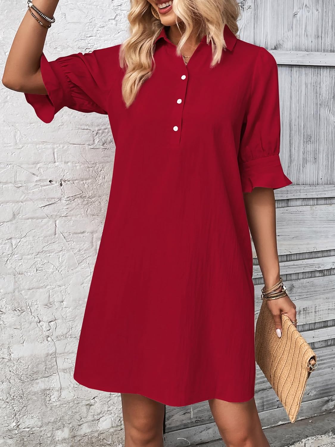 ✨Hot Sale-Womens Casual Shirt Dress Ruffle Sleeve Solid Color Button Down(Buy 2 Free Shipping)