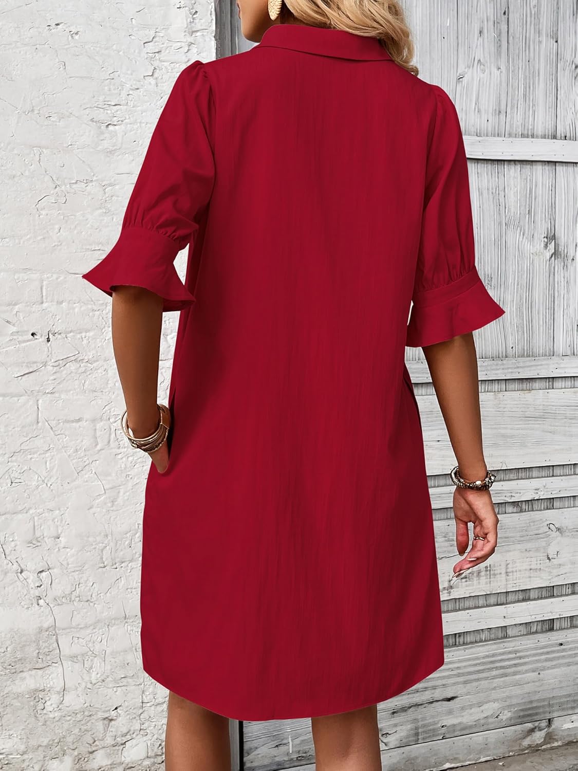 ✨Hot Sale-Womens Casual Shirt Dress Ruffle Sleeve Solid Color Button Down(Buy 2 Free Shipping)