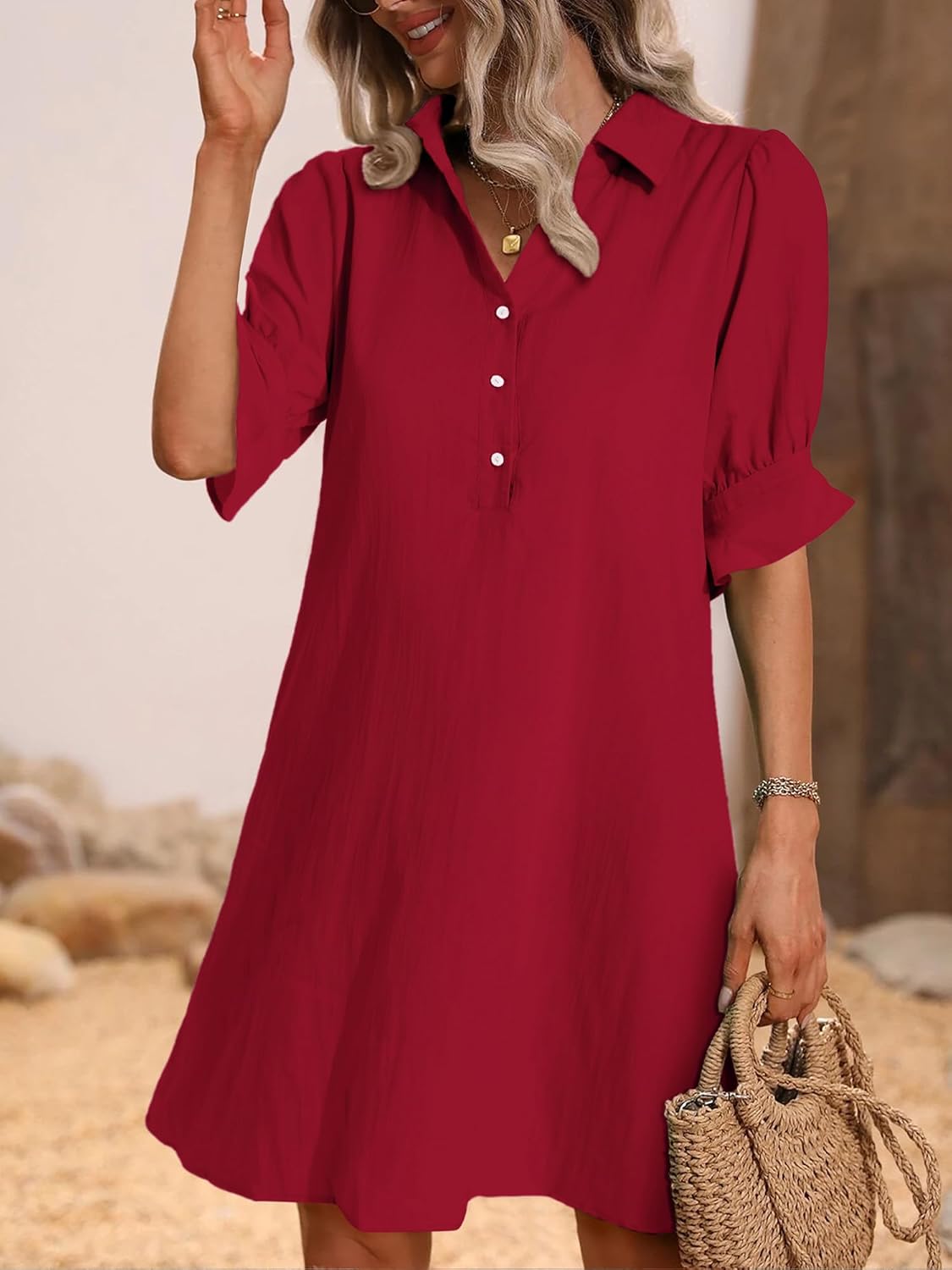 ✨Hot Sale-Womens Casual Shirt Dress Ruffle Sleeve Solid Color Button Down(Buy 2 Free Shipping)