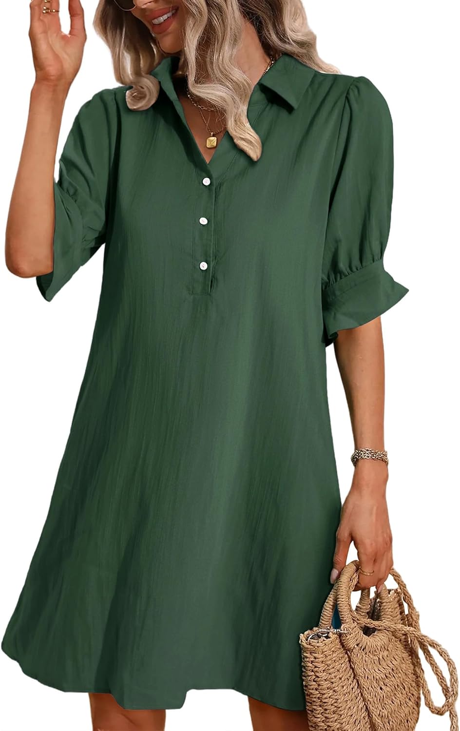 ✨Hot Sale-Womens Casual Shirt Dress Ruffle Sleeve Solid Color Button Down(Buy 2 Free Shipping)