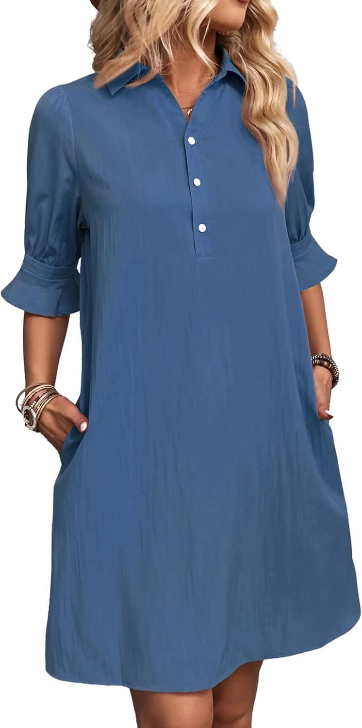✨Hot Sale-Womens Casual Shirt Dress Ruffle Sleeve Solid Color Button Down(Buy 2 Free Shipping)