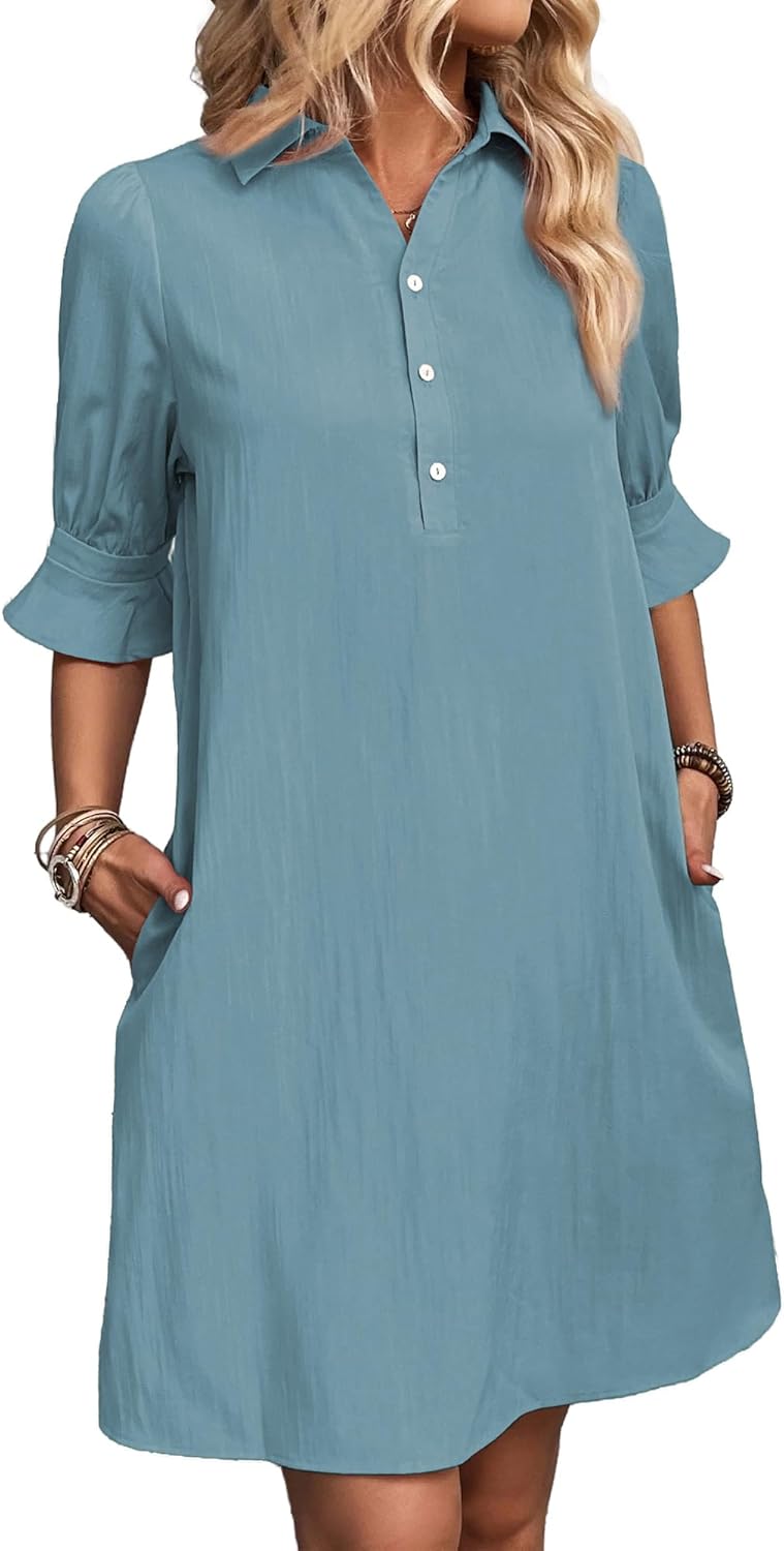 ✨Hot Sale-Womens Casual Shirt Dress Ruffle Sleeve Solid Color Button Down(Buy 2 Free Shipping)