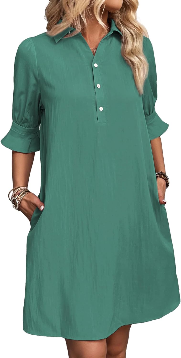 ✨Hot Sale-Womens Casual Shirt Dress Ruffle Sleeve Solid Color Button Down(Buy 2 Free Shipping)