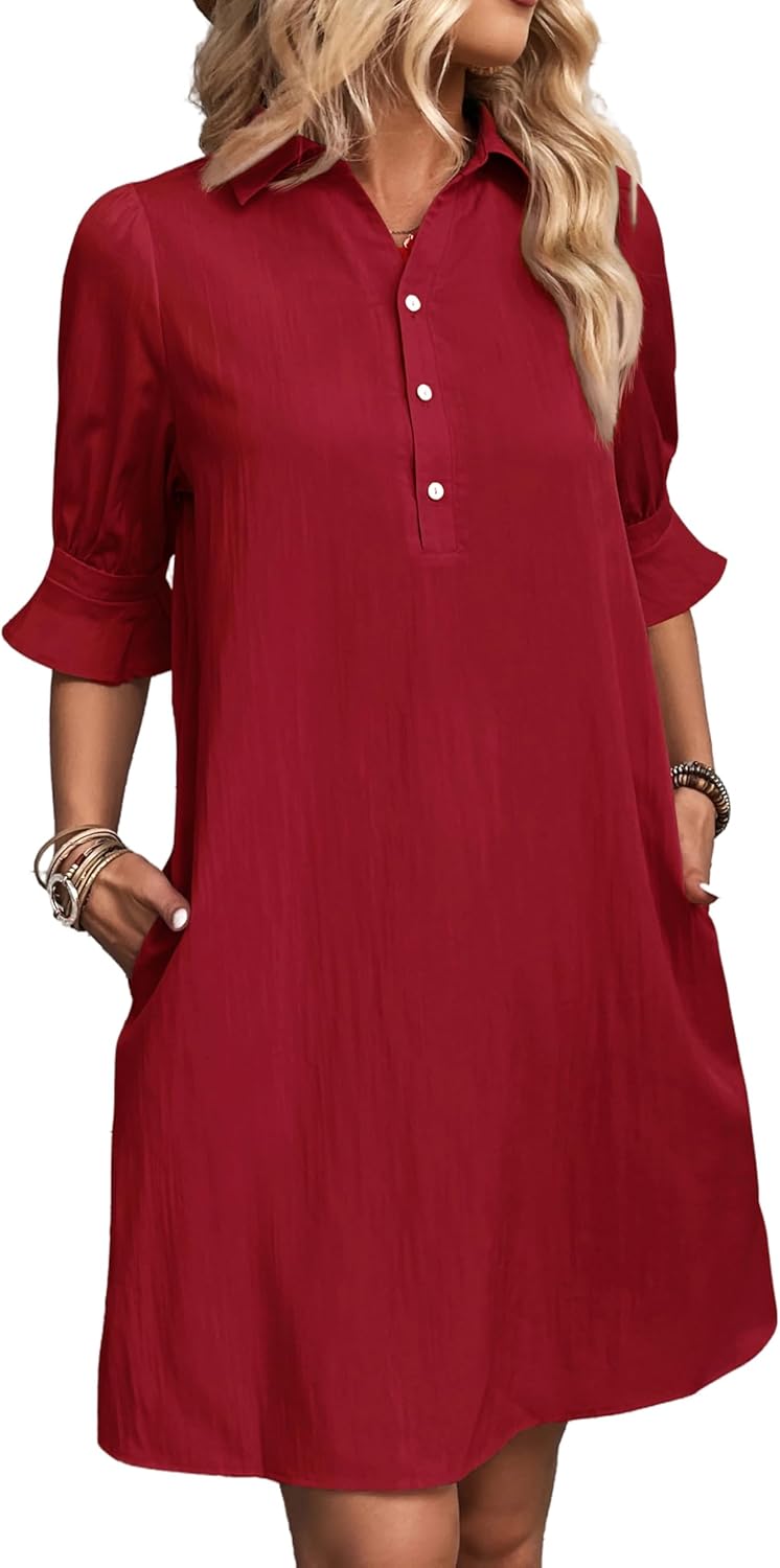 ✨Hot Sale-Womens Casual Shirt Dress Ruffle Sleeve Solid Color Button Down(Buy 2 Free Shipping)
