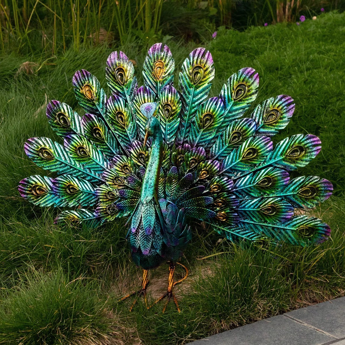 Vibrant Peacock Metal Garden Statue
