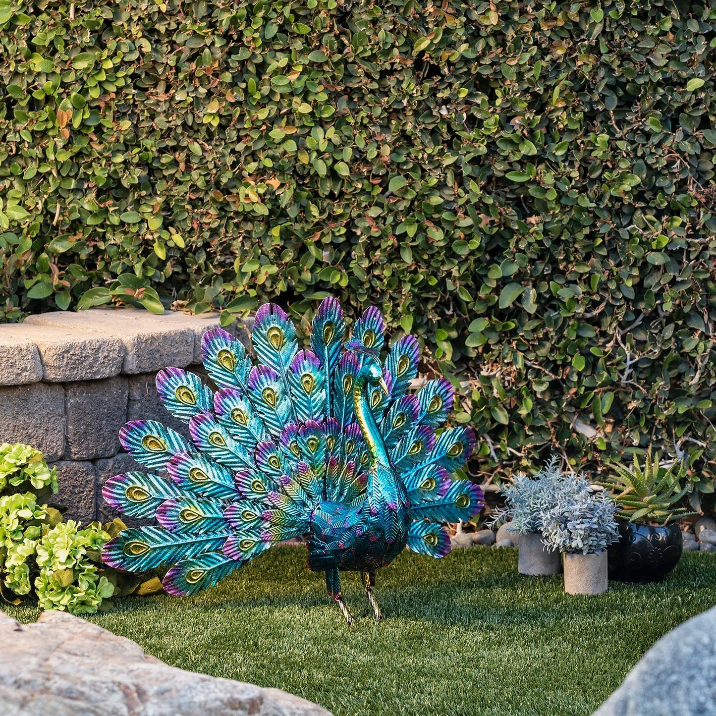 Vibrant Peacock Metal Garden Statue
