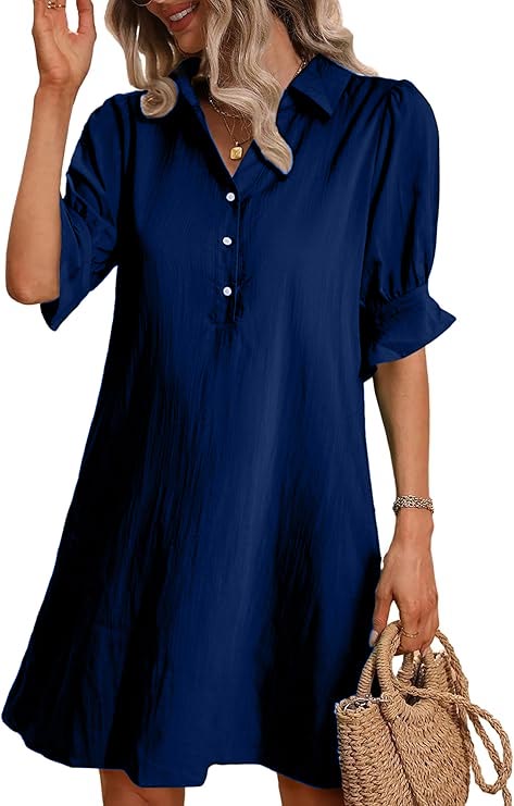 ✨Hot Sale-Womens Casual Shirt Dress Ruffle Sleeve Solid Color Button Down(Buy 2 Free Shipping)